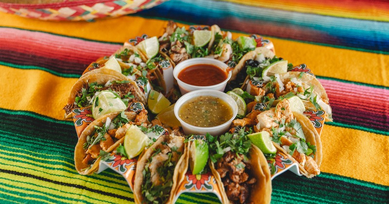 Taco platter, served with red and green salsa