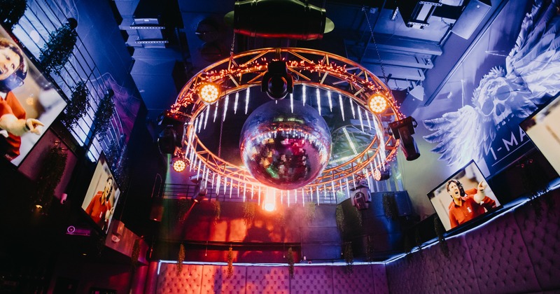 Giant disco ball hanging from the ceiling