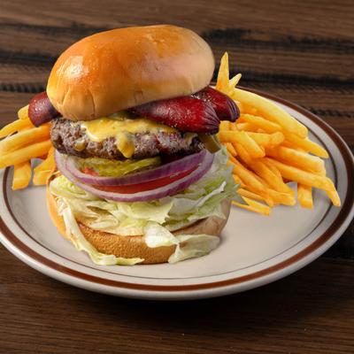 Hot Link Burger with fries on the side.