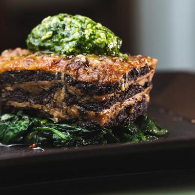 Wild Mushroom Lasagna, with sautèed spinach.