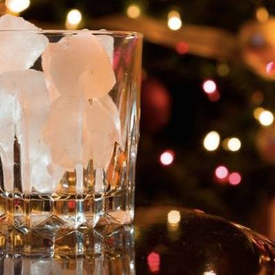 Rocks glass with ice.