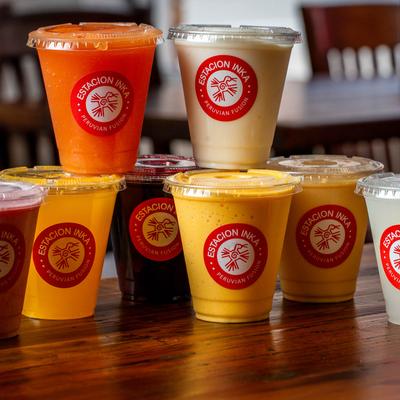 Sealed drinks in plastic cups.