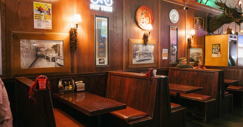 Interior, seating area with booths and tables