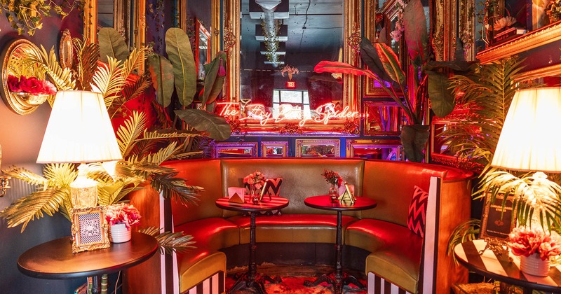 Interior, restaurant booth with two tables