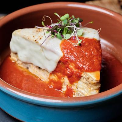 Lasagna served in a dish