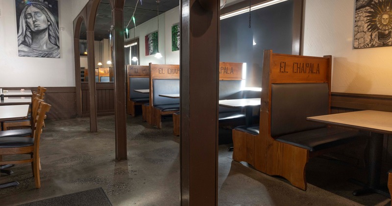 Dining area, seating booths, tables and chairs