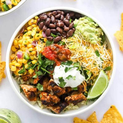 Chicken burrito bowl, top view.