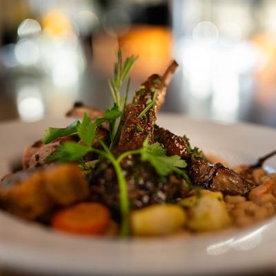 Cassoulet of Lamb, Duck & Pork with roasted vegetables.