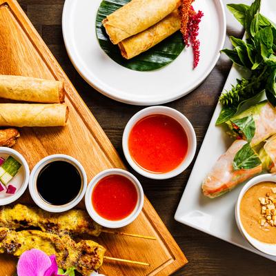 Multiple food plates, top view.