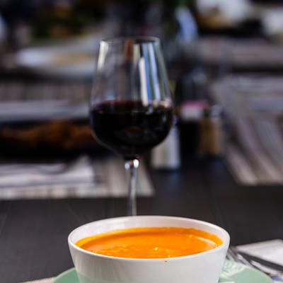 Tomato soup and red wine.
