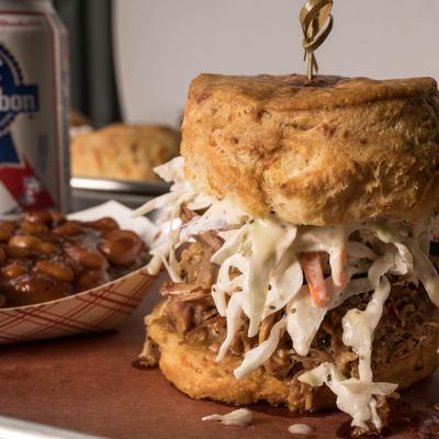 BBQ pulled pork sandwich, served.