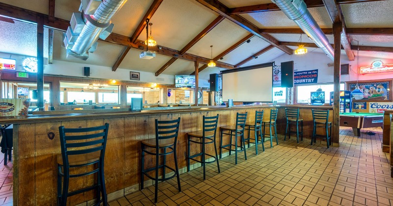 Interior, bar area, bar and bar stools
