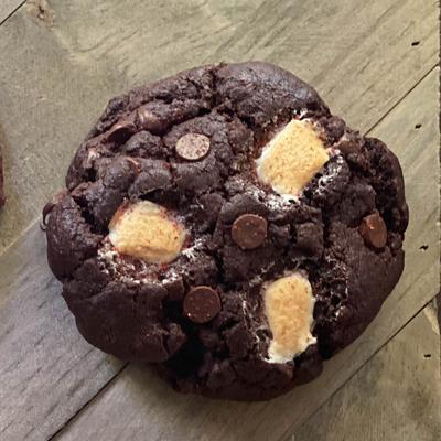 Chocolate cookie, with chocolate chips and nuts.