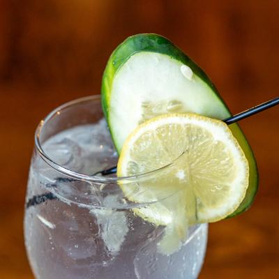 A glass of a clear mixed drink with a cucumber slice and lemon wheel on it.