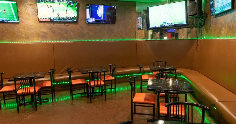 Interior seating area, TVs on the wall