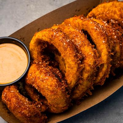 Hand battered Onion rings and dip.