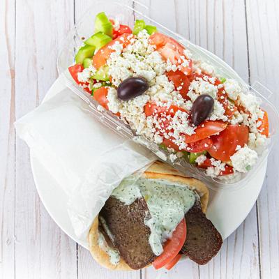 Gyro wrap and a Mediterranean salad.