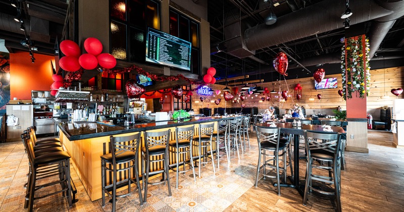 Interior, bar area, bar and bar stools