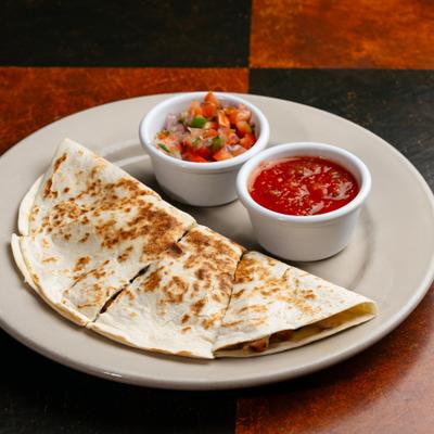 Chicken, Spinach and Mushroom Quesadilla served with dip and pico de gallo.