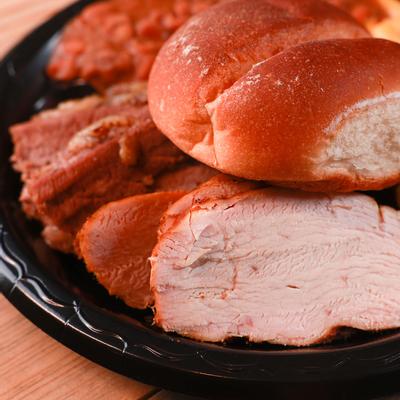 Grilled sliced meat and pastry