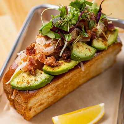 Shrimp roll, with avocado, and bacon.