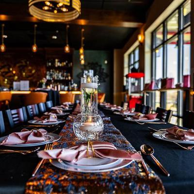 Dining area, fully set table.
