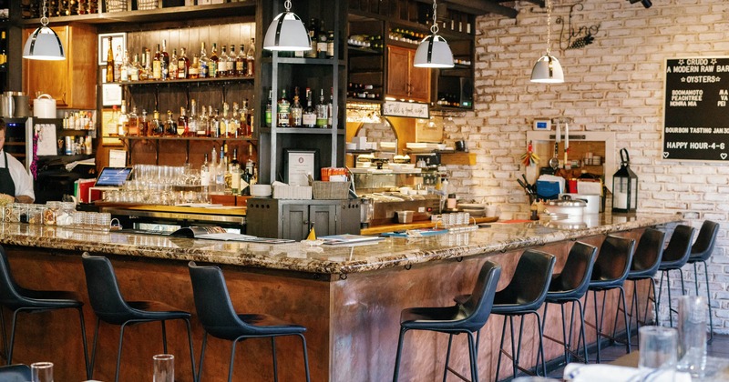 Bar area, neatly lined up bar stools