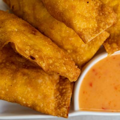 Crispy Chicken Dumplings and dipping sauce.