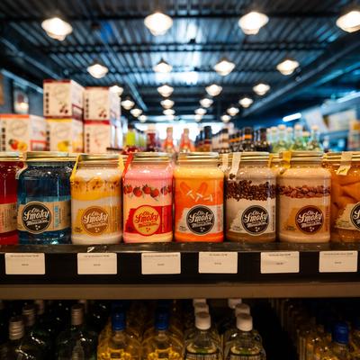 A variety of flavored moonshines from Ole Smoky Distillery.