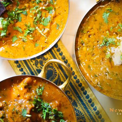 Assorted curries, top view.