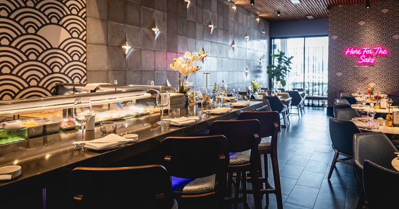 Diner area, sushi line table, chairs