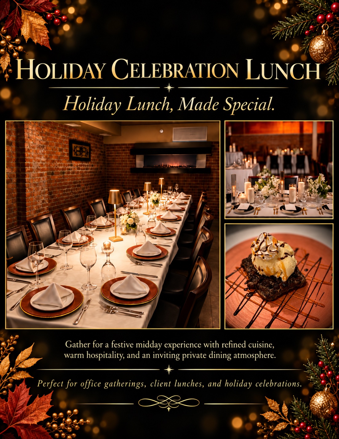 Holiday lunch flyer with pictures of our dining room tables
