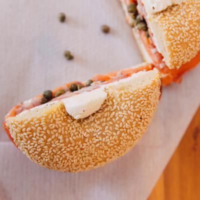 Sesame Bagel with Lox, served.