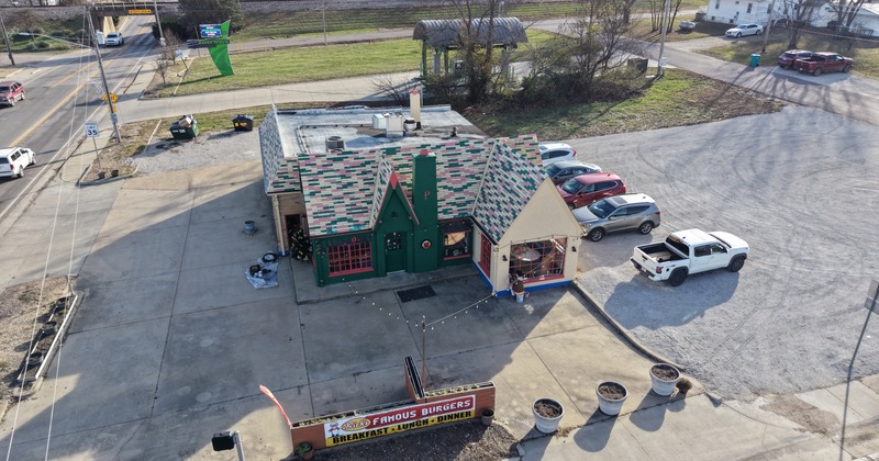 Exterior, aerial view to restaurant and parking lot