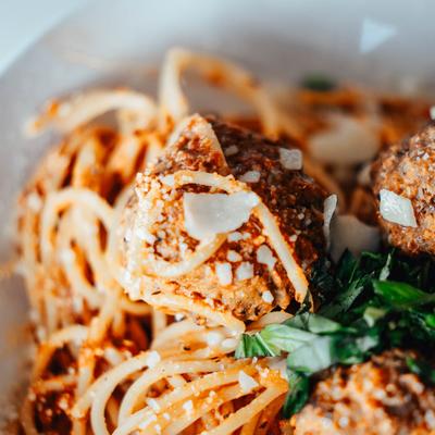 Spaghetti and meatballs, closeup.