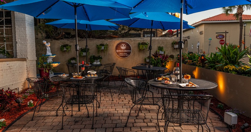 Patio, tables and chairs, parasols