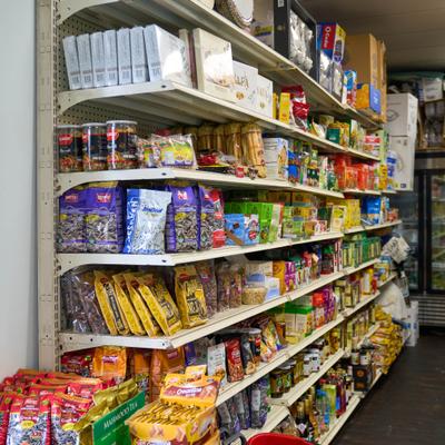 Shelves stocked with various items.