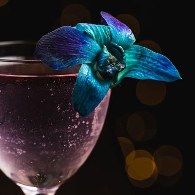 Close-up of The Professor cocktail drink, with a blue flower garnish on the rim