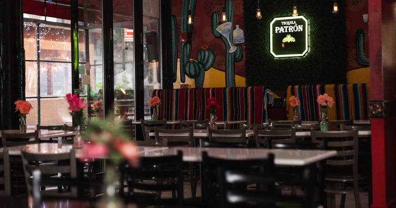 Interior, seating area, banquette bench with chairs and tables, ''Patron'' tequila neon sign