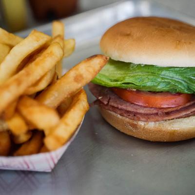 french fries and a hot taylor sandwich.