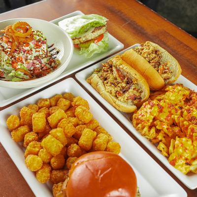 Truffle Shuffle burger, Ricky Bobby sandwich plate and Wedge salad bowl.