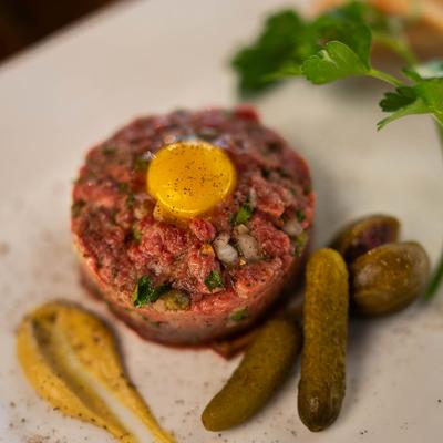 Steak tartare plate, close up.