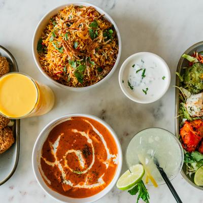 Various food and drinks, top view.