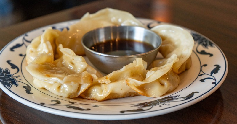 Pan-fried dumplings served with soy-based dipping sauce