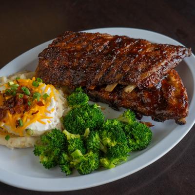 Fall-Off-The-Bone Tender Baby Back Ribs, Loaded Mashed Potatoes, and steamed broccoli.