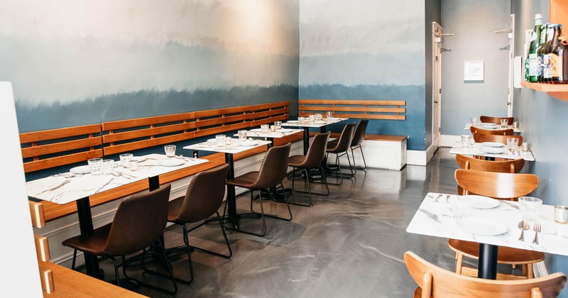 Interior, set tables, benches,  chairs, doors