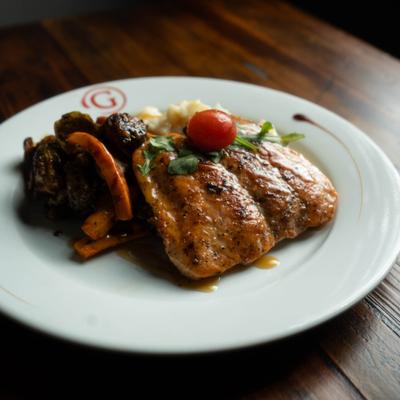Oven-Roasted Salmon with garlic mashed potatoes and brussels sprouts.