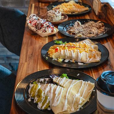 Assorted food plates.