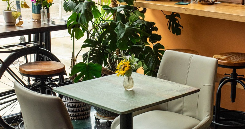 Interior, table and chairs next to the window