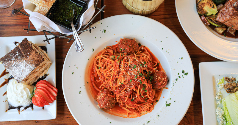 Spaghetti and meatballs, top view